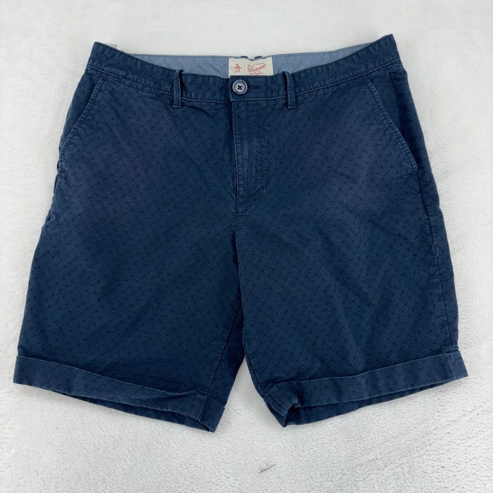 Original Penguin Mens Navy Blue Geometric Embroidered Chino Shorts Size 34